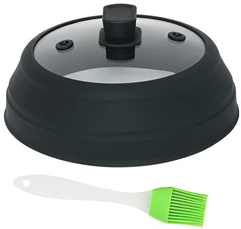 Cubierta de salpicaduras de microondas para alimentos, tapa plegable con mango de fácil agarre, vidrio templado seguro y cubierta de silicona para ollas, resistente al calor (negro, 9 pulgadas)
