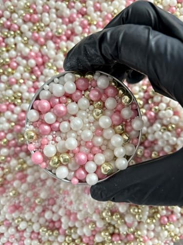 Edible Pink Pearl & Gold Sprinkles Mix 45g | Metallic Sugar Pearls & Balls | Cake Cupcake & Cookie Decorations | Baby Shower Wedding Birthday Baking Toppings