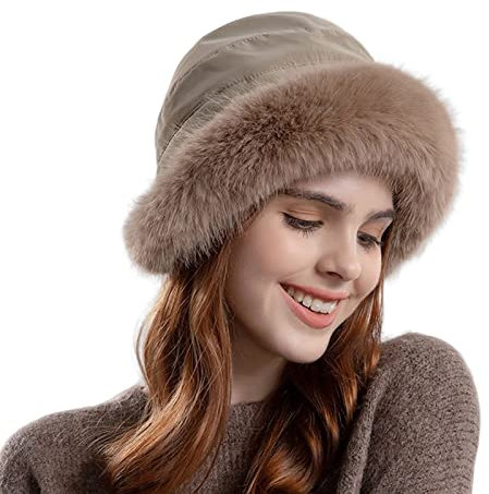 Lifup Damen Hut Winter Weiche Kunstpelz Flauschige Fischerhut Fuzzy Eimer Hut Breite Krempe Fellmütze Braun One Size