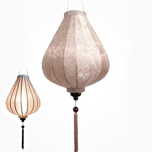 Asiatische Laterne aus Seide, G, Durchmesser 29 cm, Farbe Champagner, reflektierend, Rosa – Traditioneller Hoi an Lampion aus Stoff, Bambus und Holz – Dekoration und Handwerk aus Vietnam (G20-BE)