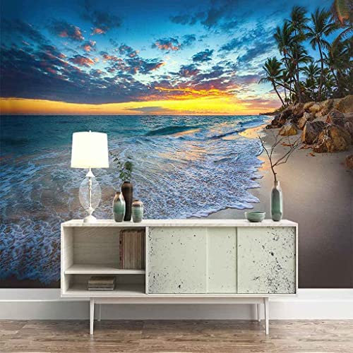 Carta Da Parati 3D Murales Vista Sul Mare Della Spiaggia Al Tramonto Fotomurali Adesivi Murali 3D Adesivi Murali Effetto Decorazione Carta Da Parati Ragazzi Ragazze Per Camera Da Let 300(L)x210(H)cm