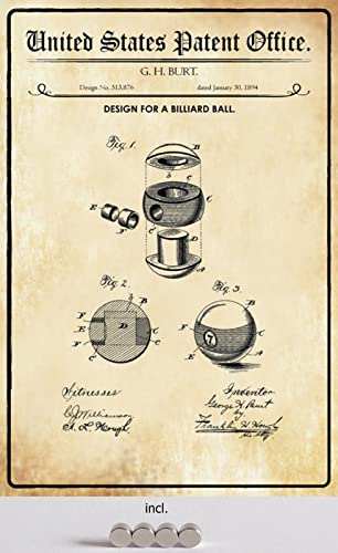 DekoDrom® Blechschild 20 x 30 cm US Patent Billard Kugel Sport Hobby historisches Motiv mit Magnete Wand Deko Sammler Geschenk