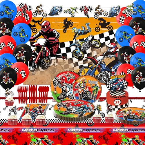 Heidaman Dirt Bike Party Decorations，Dirt Bike Birthday Decorations For Boys，Motorcycle Birthday Decorations,Set Included Banner Backdrop Tablecloth Balloon Cake Toppers Cupcake Toppers 7 Plate 9
