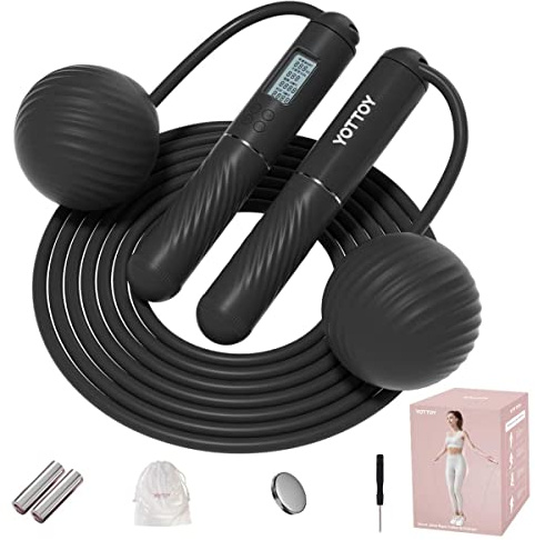 YOTTOY Cordless Jump Rope with Counter - Ropeless Rope 2 In 1 with Large Cordless Ball-Weighted Jump Rope for Women with LCD Display (Black)