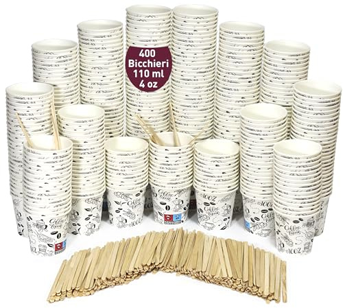 gobecups 400 engångskaffekoppar 110 ml/4 oz av vit papperskartong, stark och läckagesäker, perfekt för kort kaffe, lungo, espresso, macchiato. Med ekologiska trärörpinnar