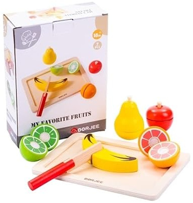 Dorjee - D3.010 - Mes Fruits en Bois à découper - avec Plateau et Couteau en Bois - Jouet en Bois à partir de 18 Mois