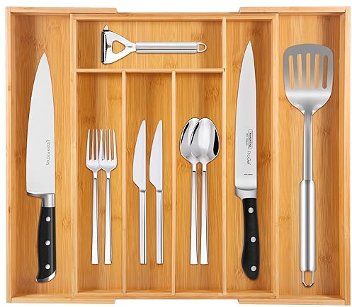 DICLLY Portaposate da Cassetto in Bambù - Espandibile 5 a 7 Scomparti,Vassoio da Posate Cucina,Porta Posate Cucina Bambù Naturale Regolabile 32.2x43/50x43cm,Ideale per Cucchiai,Forchette e Coltelli