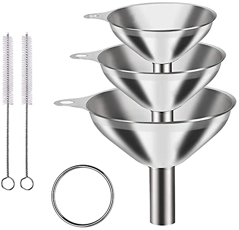3 Piezas Embudo de Acero Inoxidable, Juego de Embudo de Cocina con 2 Cepillos de Limpieza de Mango Largo para Decantar Líquidos y Polvos, 4,5/5,5/7,5 cm