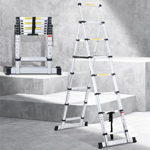 Joparri 2,0 m + 2,3 m, scala telescopica pieghevole, telaio ad A, 6 + 7 livelli, carico massimo 150 kg/330 libbre, scala allungabile in alluminio per riparazioni di tetto, dimensioni piegate 69 cm