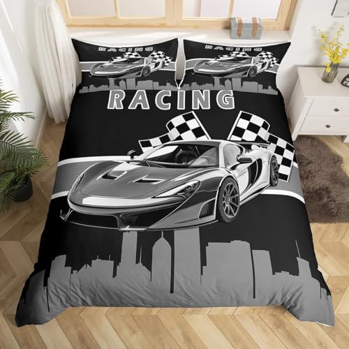 Schwarz Grau Bettbezug 155x220 Jungen Racing Car Bettwäsche Sets für Kinder Teens Erwachsene,Extreme Sport Tröster Abdeckung Cool Speed Sport Auto Bett Set, Race Car Thema Bettwäsche (Reißverschluss)