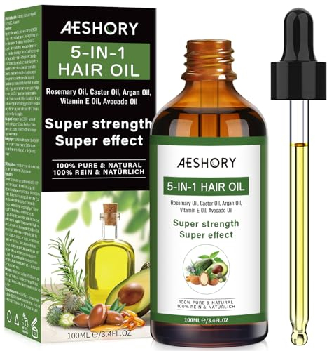 Aeshory 5-in-1 Rosmarinöl Haare Haaröl 100ml mit Rizinusöl, Avocadoöl, Arganöl und Vitamin E - für Haarwachstum, Haarbehandlung, Stärkung, Pflege und Volumen