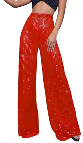 Pailletten Hose Damen Gold-Glitzer Hose Lang Metallic Hose Lang High Waist Baggy Jogginghose Weites Bein Sommerhose Locker Weite Hose Große Größen Paillettenhose Metallic Hosen Büro Pants