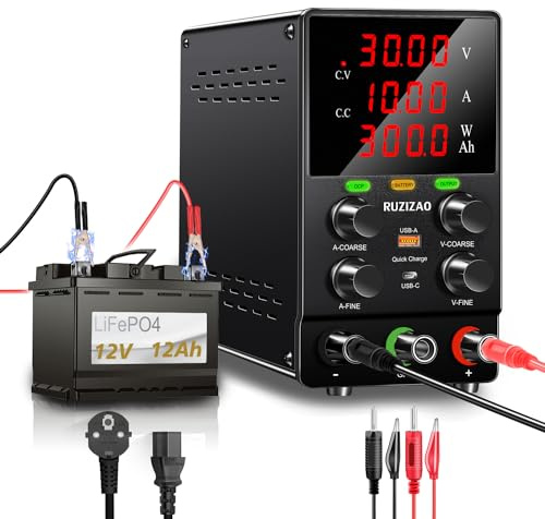 RUZIZAO Bench Power Supply Variable, 30V 10A 300W DC Power Supply for Battery Charging, Adjustable Switching Regulated with Battery Charging Button, OCP Function, Output Switch
