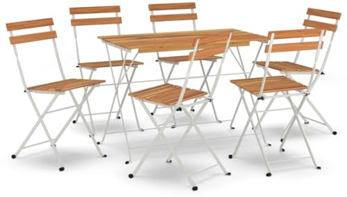 Makastle 7-TLG. Terrassenmöbel-Set, klappbar Gartenmöbel-Set mit Tisch & 6 Klappstühle, Kleiner Sitzgarnitur Bistroset für Balkon Garten Terrasse, Massivholz Akazie und Stahl