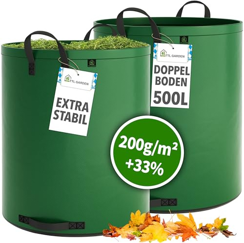 TTL GARDEN 2x 500L SUPER SOLID Gartensack grün - DOPPELTER BODEN 2x200 gsm | Extra stabil & reißfest selbststehend 4 Griffe groß robust 2er Set Laubsack, Abfallsack für Gras, Laub, Hecke, Gartenabfall