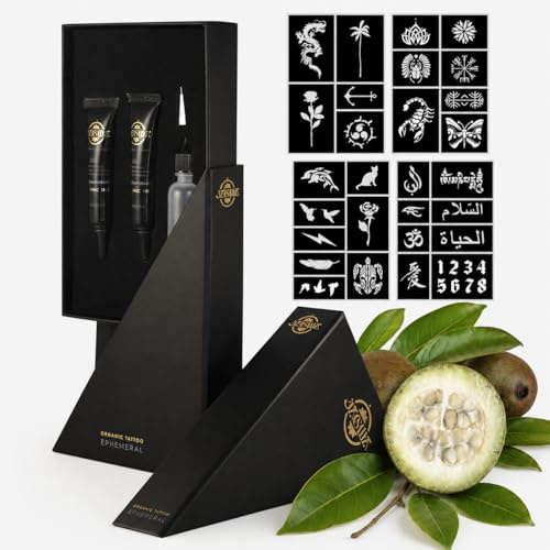 Kit tatouages éphémères JAGUA (2 x 10 ml) - Encre naturelle bleu nuit - Applicateur 0,3 mm - 4 planches de pochoirs - Tenue 1 à 3 semaines - Ultra Réaliste et Sans douleur