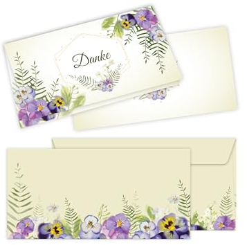50 Dankeskarten mit 50 Kuverts für Hochzeit, Standesamt, Geburtstag, Konfirmation, Kommunion, Taufe, Geburtstag, Jubiläum. Klappkarten 21 x 10,5 cm. Blumenmuster Veilchen Viola Pastellfarben