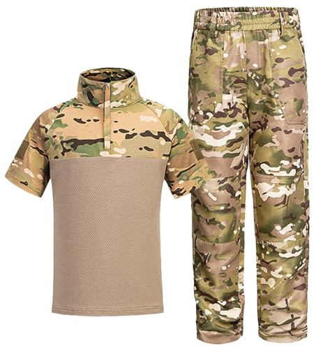 QIYUANT Kinder Outdoor T-Shirt Militärhose Sets Taktisch Sommer Airsoft Militär Camouflage Kampf Jagd Wandern Camping für Junge Mädchen Herren Damen