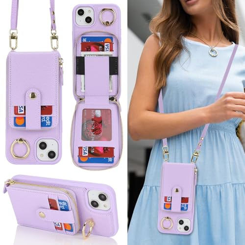 SailorTech per iPhone 15 Plus Custodia per telefono Supporto ad anello con portacarte per donne, iPhone 15 Plus Custodia a tracolla Portafoglio con cerniera per carta di credito-Viola