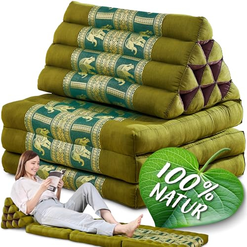 Namasdee Thaikissen 3 Auflagen 175x55x8cm mit 100% natürlicher Kapokfüllung (Grün/Elefanten Seide)