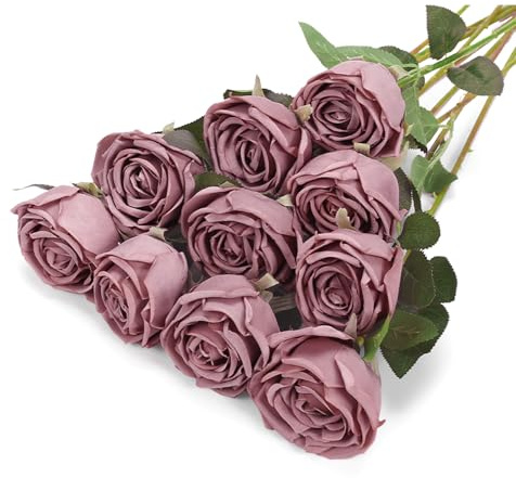 DuHouse 10 Stück Künstliche Rosen, künstliche Seidenblumen, Lange Stiele, Blumenstrauß für Arrangement, Hochzeit, Tafelaufsatz, Party, Zuhause, Küche, Dekoration(Staubige Rose)