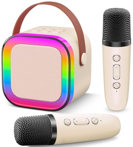 Gontence Karaoke con 2 Microfono Bambini - Macchina Musicale con Luce LED - Regalo per Bambine 3-12 Anni - Giocattolo Giochi Bambina 3-12 Anni -Mini Microfono Beige per Karaoke