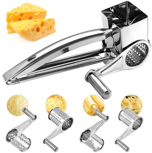 Gourmet - Rallador de queso parmesano con manivela y 4 tambores de corte, rallador parmesano de acero inoxidable con recipiente rallador de queso, rallador manual para queso duro, queso blando