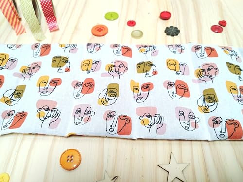 Bouillotte Sèche en Graines de Lin Bio, 46 x 11,5 cm, Coton blanc avec des motifs visage contemporain esprit Picasso orange et marron, Thérapie Chaud/Froid