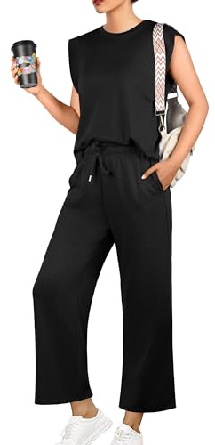 GRECERELLE Damträningsoverall sommar tvådelad elegant lätt tracksuit ledig sportset joggingdräkt sweatshirt och joggingbyxor för löpning yoga gym, svart, S