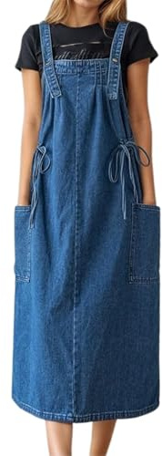 Women's Denim Suspender Pinafore Dungaree Dress Long Skirt Overalls Vintage Style with Tie Straps & Pocket, Sleeveless Casual Wear, A-Line Maxi Design, Adjustable Strap for Versatile Use