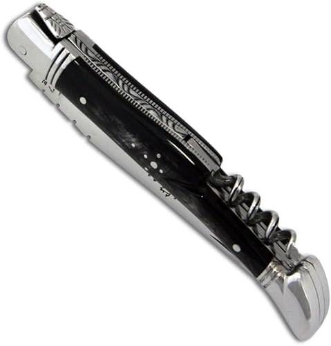 Couteau Laguiole - Manche en corne noire - avec tire-bouchon et mitres en inox - pliant - fabrication française artisanale