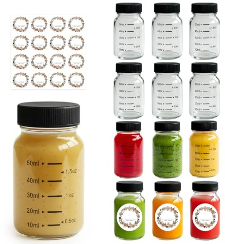 WERTIOO 12 Stück Ingwer Shot Gläser, 60ml Shotgläser mit Deckel, Runden | 2oz Shot Flaschen zum Befüllen, Kleine flaschen zum Befüllen für Likör, Saft und Gewürze, Auslaufsicher und Wiederverwendbar