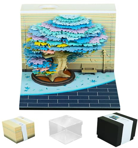 AVCXEC Calendrier 3D à déchirer 2026, calendrier de bureau avec lumières, bloc-notes 3D, calendrier de table 3D, calendrier de bureau créatif papier art (arbre bleu avec LED)