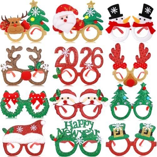 PQETBV Weihnachtsbrillen, 12 Stück Weihnachten Glitter Party Brille Frames Partybrille Weihnachtsbrille Kostümbrillen für Weihnachtsfeiern, Weihnachten Brillenrahmen für Deko Party
