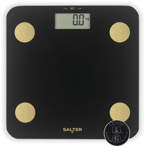 Salter Analyser Scale – Digital LCD Display, 180kg Capacity, Body Weight Composition, Fat, Water, BMI, BMR, Bone & Muscle Mass, Black Glass Platform with Gold Analyser Sensors, 9 Users, Athlete Mode
