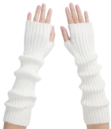 OUDQFCJ Guanti senza dita in maglia cotone, Soft Winter Warm Gloves, Knitted Woven Gloves (50cm Lunga, Bianco)