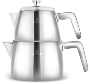Karaca Brewinox INOX Teapot Set, 2-Piece Stainless Steel Turkish Tea Maker with Matching Accessories, Durable and Stylish Infuser Set, 15x15x15 cm (5.9x5.9x5.9 in), Silver Finish