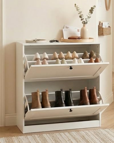 hitsuki Schuhschrank Weiß Schuhkipper Klein mit 2 Klappen, Schuhschrank Schmal mit Trennwände Verstellbar und Abnehmbar, Shoe Cabinet für Diele, Flur, Garderobe 80x24x80 cm