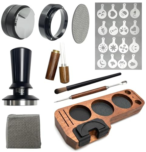 JDSlvasia Espresso Zubehör Set 10-teilig | 51mm | Wood Tamping Station | | Tamper,WDT Tool Stirrer,Distributor,Dosing Funnel, Puck Screen,16 Latte Art Schablonen usw | Für Zuhause und Kaffeeliebhaber