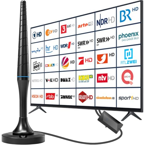 DVBT2 Antenne, DVB-T2 Innenantenne mit Verstärker, HD Zimmerantenne für Fernseher, 420 km Großer Reichweite und 360° Empfang, Starkem Magnetfuß, Geeignet für 4K 1080p & Alle TV