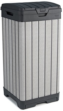 Keter Rockford Resin 38 Gallon Outdoor Kitchen Trash Can with Lid and Drip Tray for Easy Cleaning-Perfect for Patio Dining, Grey