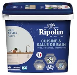 RIPOLIN Peinture Intérieure Cuisine et Bain Lessivable Gris Souris 0,75 L | Peinture Spécialement Conçue pour les Pièces Humides, Technologie 'effet Perlant', Grande Résistance aux Graisses