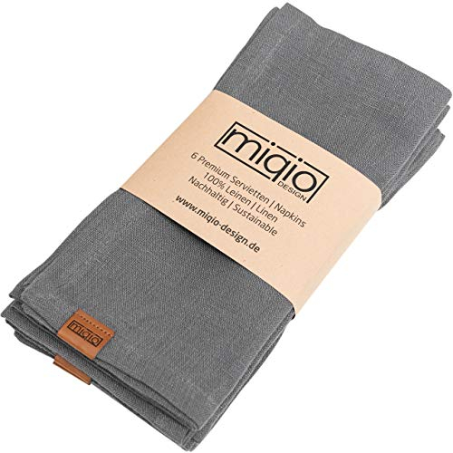 MIQIO® Design Stoffservietten aus 100% französischem Leinen - 6er Set Servietten Stoff - waschbar bei 60° - 45x45 Leinenservietten - Marken Label aus echtem Leder (dunkelgrau)