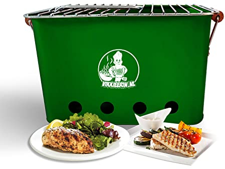 Vikkieerin Mini grill - Kleiner grill Holzkohle, kompakt und leicht, holzkohlegrill klein im Retro-Stil, für Park-Balkon-Camping-Garten, 25x43x26 cm, Grün