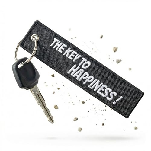 RENEGADE® Motorrad Schlüsselanhänger aus Stoff mit Schlüsselring Bestickt & Kratzfest (130 x 30 mm, schwarz). Ideal für dein Motorrad (THE KEY TO HAPPINESS)