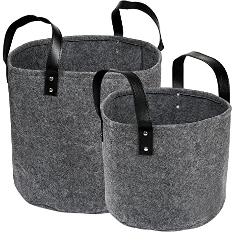 Schramm® 2 Stück Filztaschen mit Kunstledergriffen ø34cm, ø 25cm Filzkorb Holzkorb wählbar in dunkelgrau oder schwarz Filzkorb Zeitungskorb, Farbe:dunkelgrau
