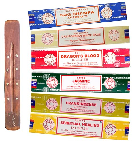 Satya Nag Champa Incense Sticks - 6 unique and premium flavours - Nag Champa Agarbatti, Californian White Sage, Dragons Blood, Jasmine, Frankincense, etc comes with SAMASIA incense holder