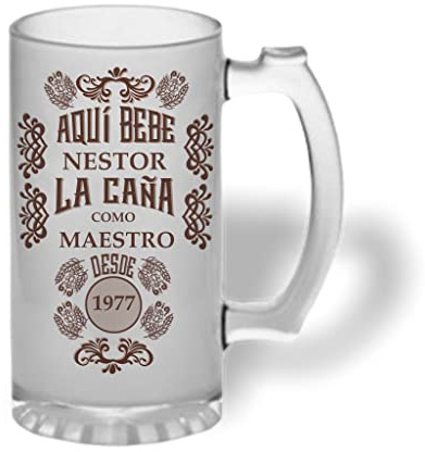 Bee Ingenious Jarra cerveza personalizada de cristal esmerilado. Jarra de cerveza original: Aquí bebe...la caña con nombre, fecha y textos personalizados