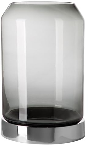 Fink edles Stumpenkerzen-Windlicht 42 cm mit grauem Glas und Edelstahl-Sockel