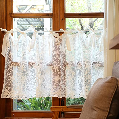 A.Monamour Gardine Scheibengardinen Kurzstores Weiße Transparente Voile Spitze mit Blumen Stickerei Kurzvorhang Kurzgardinen Küchengardine Küchenvorhang Küche Vorhang Fenster Kurz Stores Bistrogardine